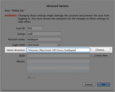 Screenshot of advanced user account settings in macOS, with home directory entry highlighted